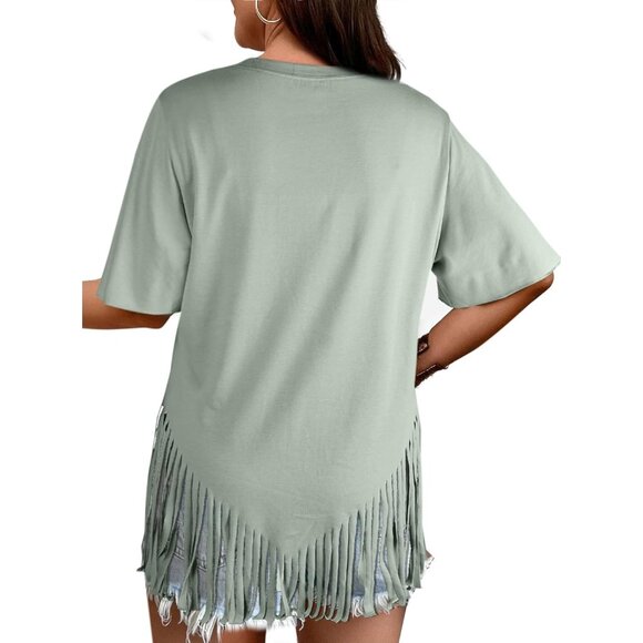 Womens Fringe Hem Short Sleeve Round Neck T Shirt Oversized Tee Top - Picture 2 of 6